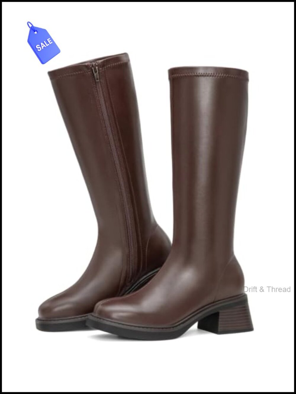 Women's Knee High Block Heel Square Toe Riding Boots Faux Leather Zip